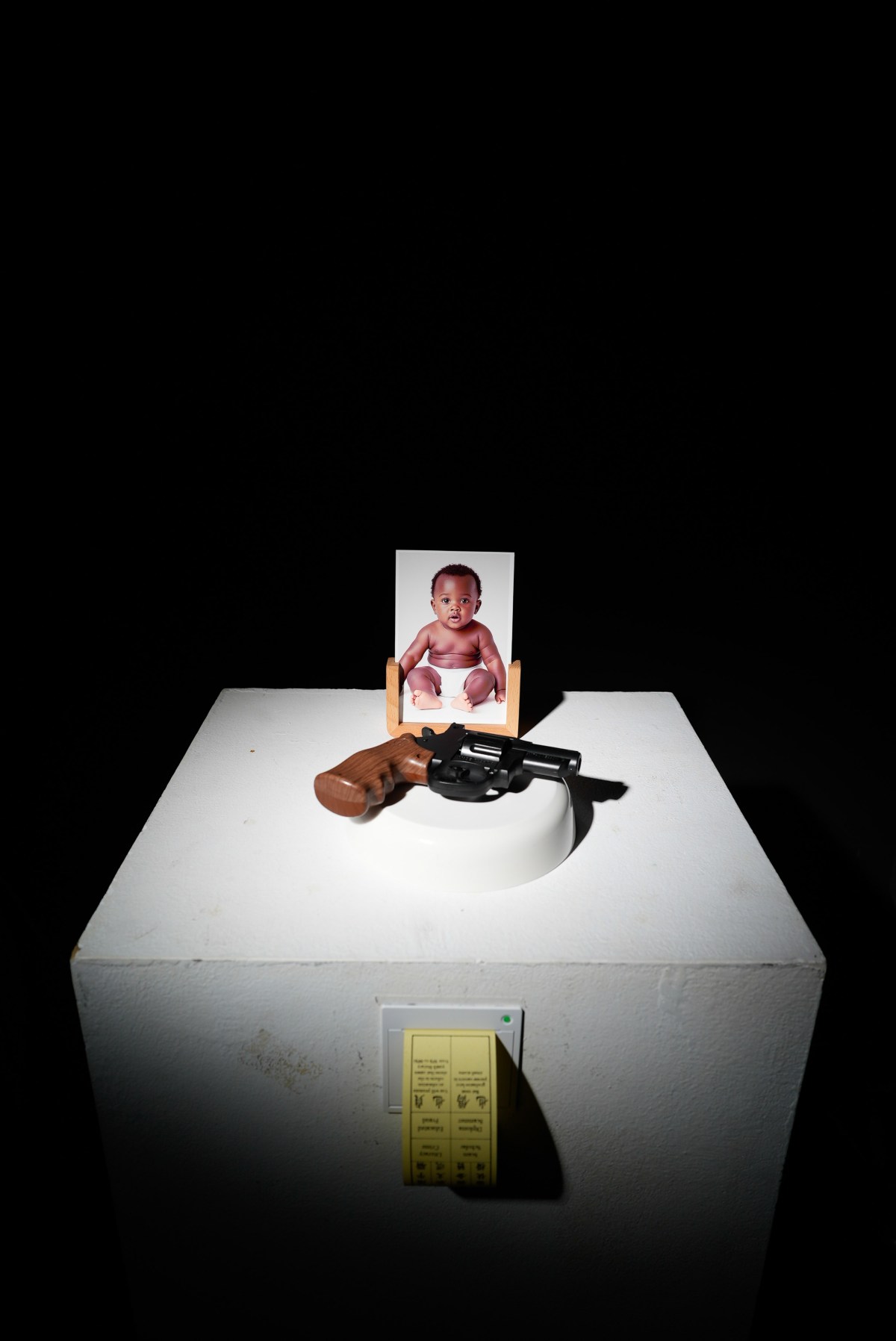 Cradle of Success baby photograph, toy, and printed fortune slip