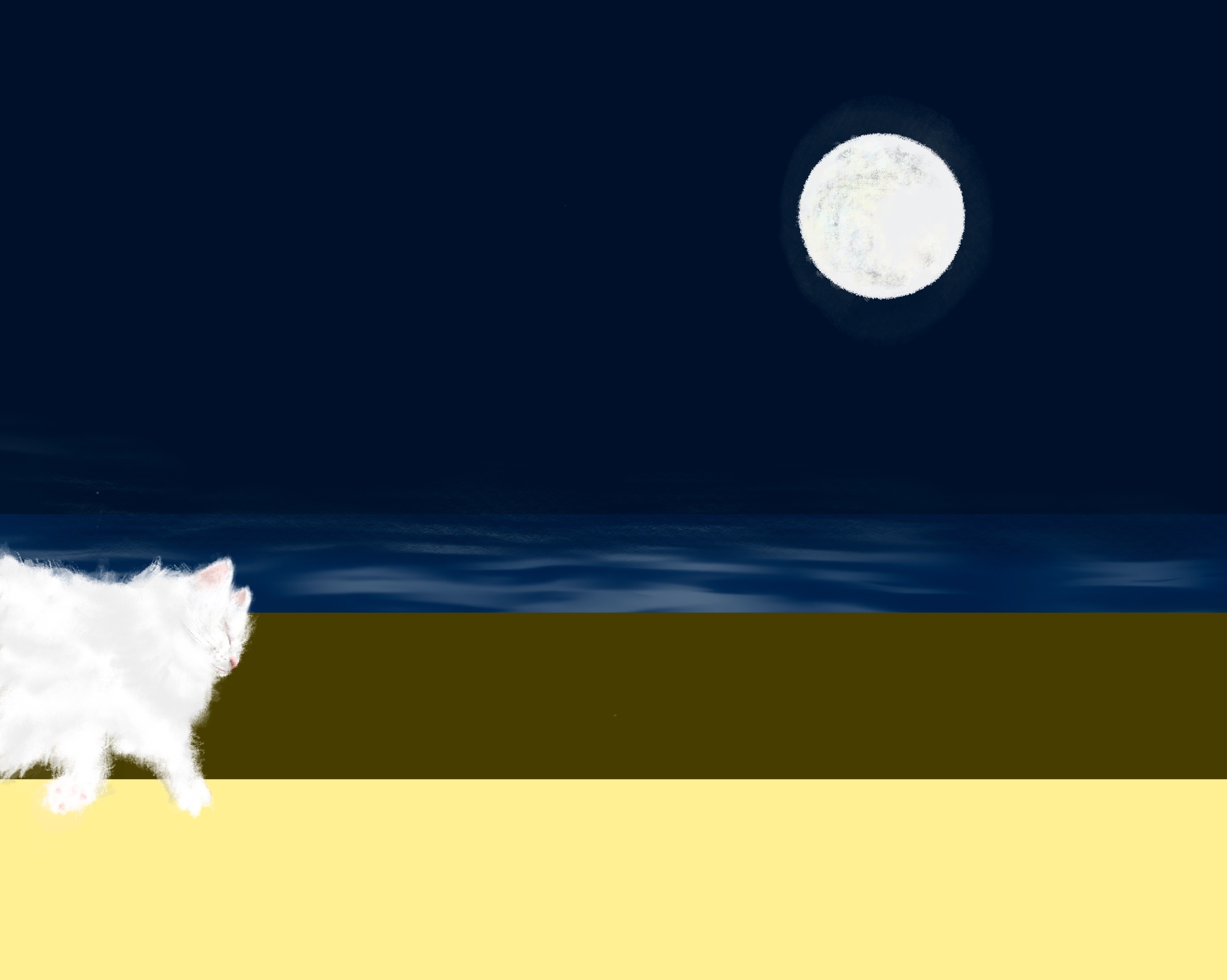 Night sea illustration with a white cat under the moon