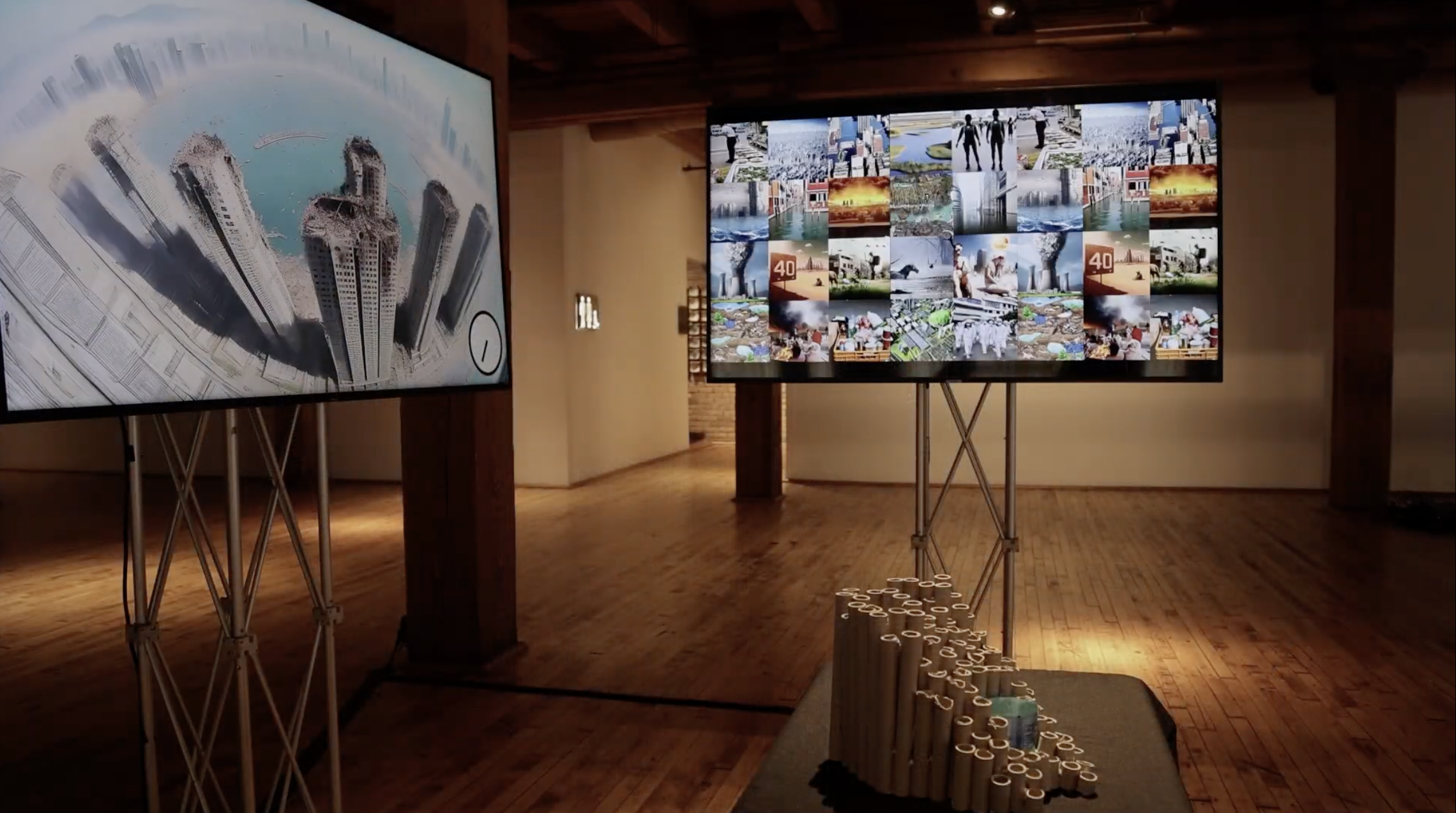 TIME ENOUGH exhibition view with two video screens and installation objects
